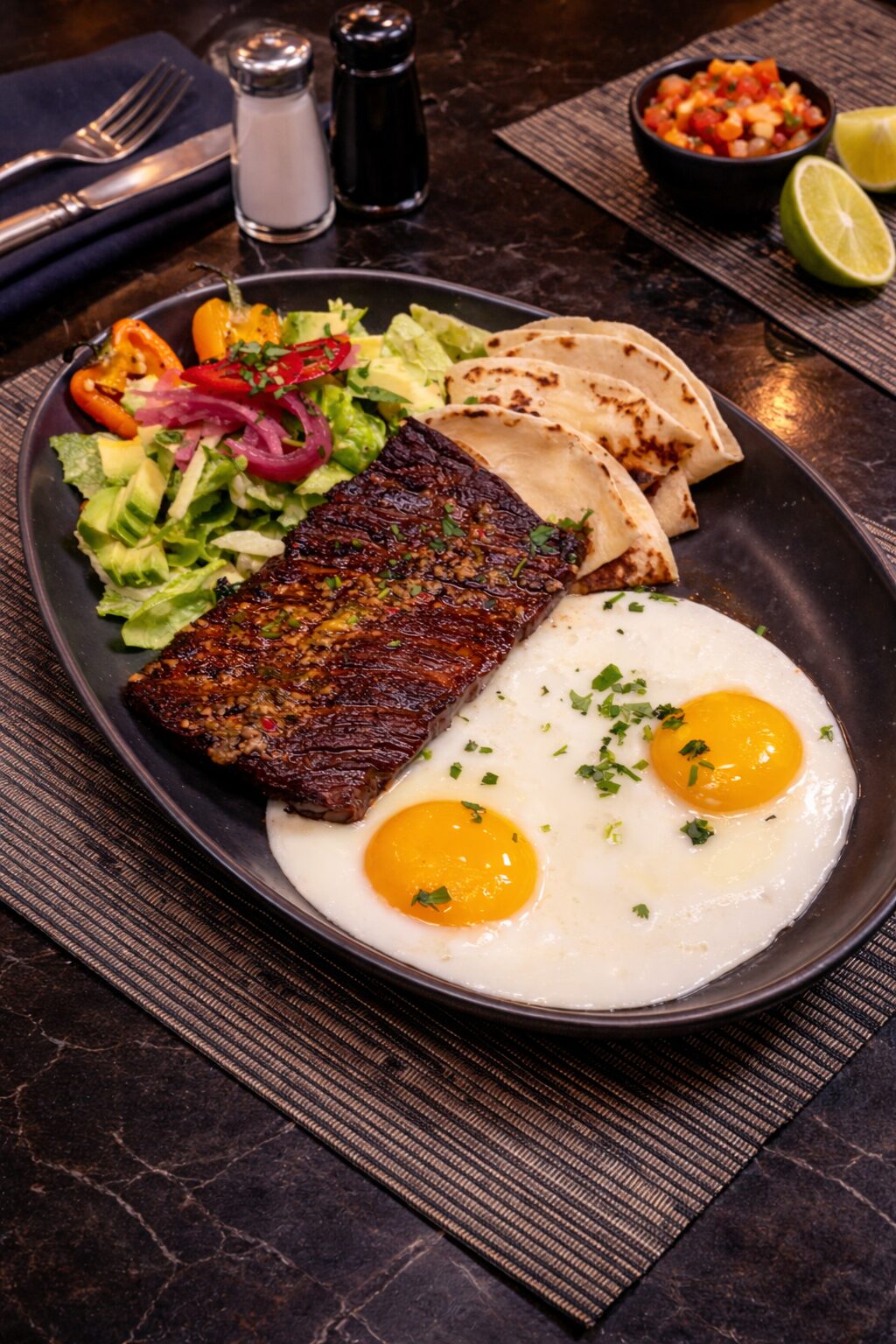 Steak and eggs brunch plate