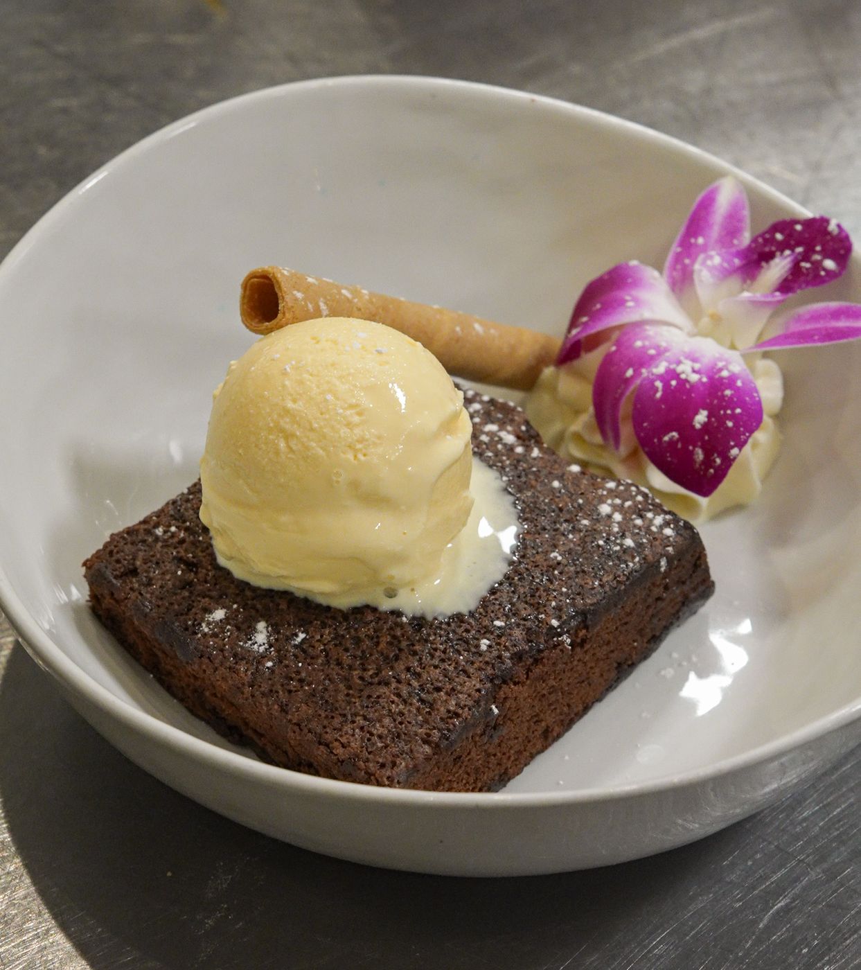 Mexican chocolate brownie with ice cream